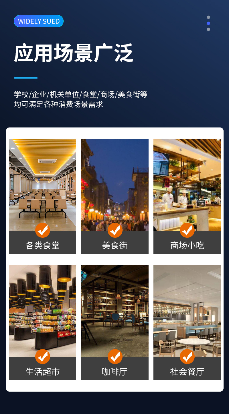 應(yīng)用場景廣泛,學校、企業(yè)、機關(guān)單位、食堂、商場、美食街等,均可滿足各類消費場景需求