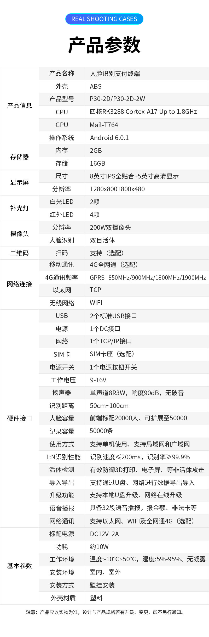 產(chǎn)品參數(shù),產(chǎn)品名稱：人臉識別支付終端,外殼：ABS塑料,產(chǎn)品型號：P30-2D/P30-2D-2W,CPU：四核RK3288 Cortex-A17 Up to 1.8GHz,GPU：Mail-T764,操作系統(tǒng)：Android 6.0.1,內(nèi)存：2GB,存儲：16GB,顯示屏尺寸：8英寸IPS全貼合＋5英寸高清顯示,分辨率：1280×800＋800×480,補光燈:白光LED2顆,紅外LED	4顆,攝像頭分辨率：200W雙目攝像頭,人臉識別：雙目活體，二維碼：掃碼支持（選配）,網(wǎng)絡(luò)連接移動通訊：4G全網(wǎng)通（選配）,4G通訊頻率：GPRS?850MHz?/900MHz?/1800MHz?/1900MHz,以太網(wǎng)：TCP,無線網(wǎng)絡(luò)：WIFI,硬件接口USB：2個標準USB接口,電源：1個DC接口,網(wǎng)絡(luò)：1個TCP/IP接口,SIM卡:SIM卡座（選配）,電源開關(guān)：1個電源按鈕開關(guān),工作電壓：9-16V,揚聲器：單聲道8R3W，響度90dB，無破音,識別距離：50cm～100cm ,人臉容量：前端標配20000人、可擴展至50000，支持超大容量后端識別,記錄容量：50000條,使用方式：支持單機使用、支持局域網(wǎng)和廣域網(wǎng),1:N識別性能：識別速度≤200mS，識別率≥99.9%,活體檢測：有效防御3D打印、電子屏、視頻、圖片、面具等非活體攻擊,導入導出：支持通過U盤、網(wǎng)絡(luò)進行數(shù)據(jù)及參數(shù)導入導出,升級功能：支持本地U盤升級、網(wǎng)絡(luò)在線升級,語音播報：具備32段語音播報，報金額，報限次，報非法卡等,網(wǎng)絡(luò)通訊：支持以太網(wǎng)、WIFI及全網(wǎng)通4G（選配）, 基本參數(shù)標配電源：DC12V 2A,功耗：約10W,工作環(huán)境：溫度：-10℃～50℃，濕度：5％-95％、無凝露,安裝環(huán)境：室內(nèi)、室外,安裝方式：壁掛安裝,外殼材質(zhì)：塑料,注意：產(chǎn)品應(yīng)以實物為準，設(shè)計與產(chǎn)品規(guī)格若有升級、變更，恕不另行通知。