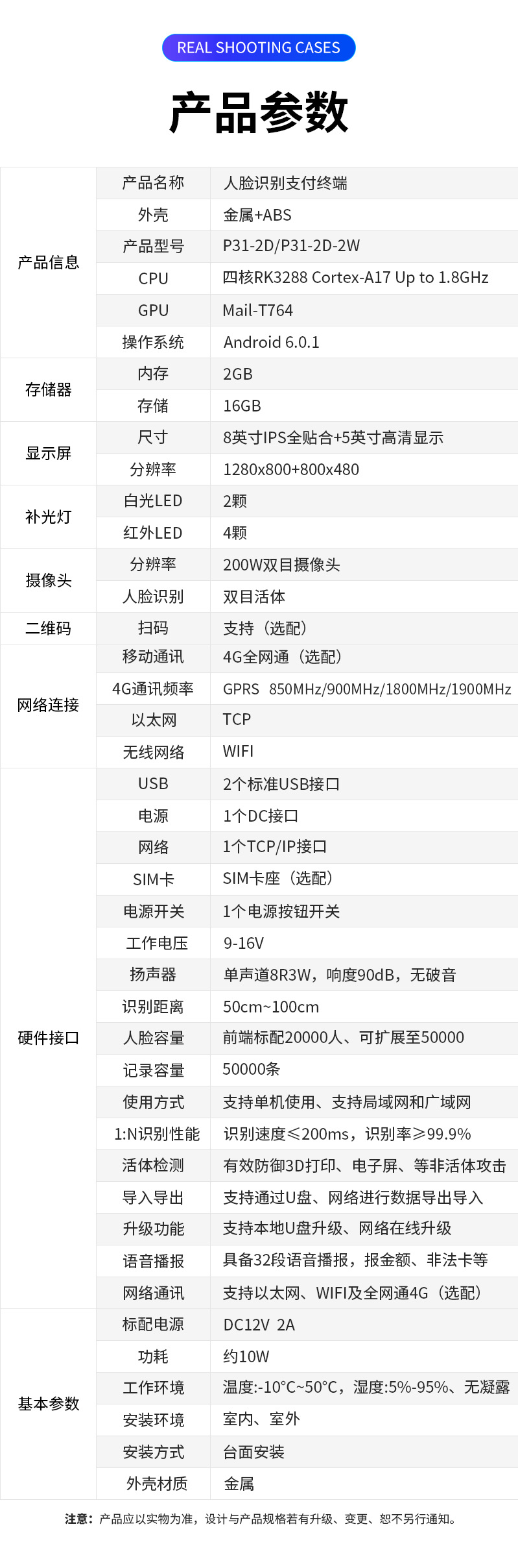 P31-2D-2W人臉識別消費終端產(chǎn)品參數(shù)